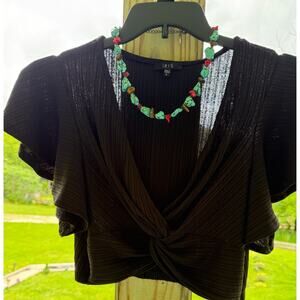 Y2K Coquette Night Out Party Black Twist Front Flutter Sleeve Top IRIS Womens L